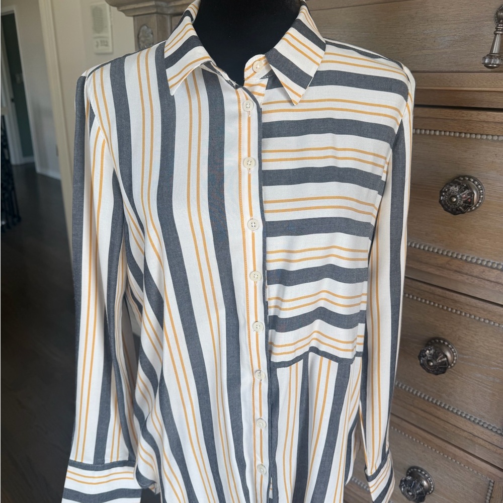 Striped Long Sleeve women hi/low Blouse - Picture 2 of 6
